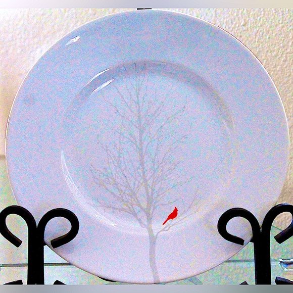 222 FIFTH WINTER CARDINAL SALAD PLATE WHITE RED NEW ROUND - Picture 2 of 4